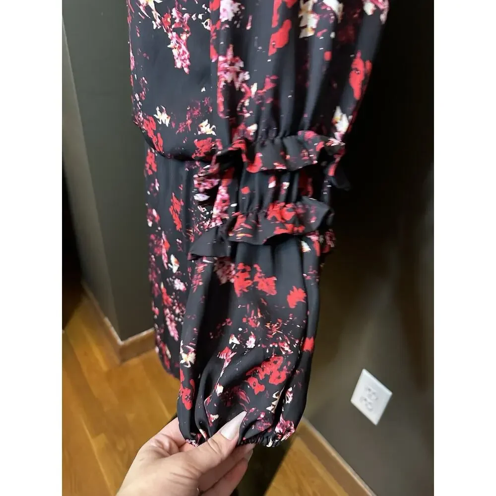 Parker Black Long‎ Sleeve Tiered Ruffle Dress Red White Floral XS Extra Small - Picture 5 of 9